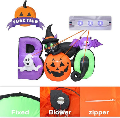 MUMTOP Halloween Inflatables Outdoor Decorations - 5 FT Pumpkin Inflatable with Ghost, Black Cat and Bat, Halloween Blow Up Yard Decorations with Built-in LED Lights for Party Yard Garden