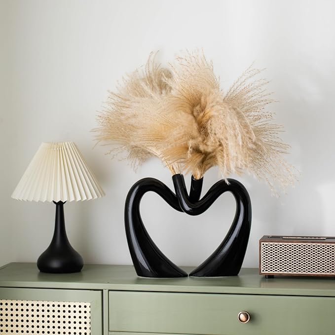 Black Hollow Ceramic Vases for Home Decor, Love Heart Snuggle Vase Set of 2, Modern Nordic Aesthetic Decorative Vase for Table Centerpiece Living Room Decoration (W 11.8" X H 9.8")