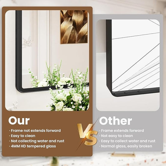 New Upgrade 30X36 Inch Wall Mounted Bathroom Mirror, Black Metal Frame Rounded Rectangle Mirror, Bathroom Vanity Mirror with Tempered Glass for Washroom Bedroom Living Room