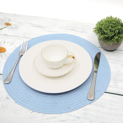 SHACOS Round Braided Placemats Set of 6 Round Table Mats for Dining Tables 15 inch (Light Blue, 6)