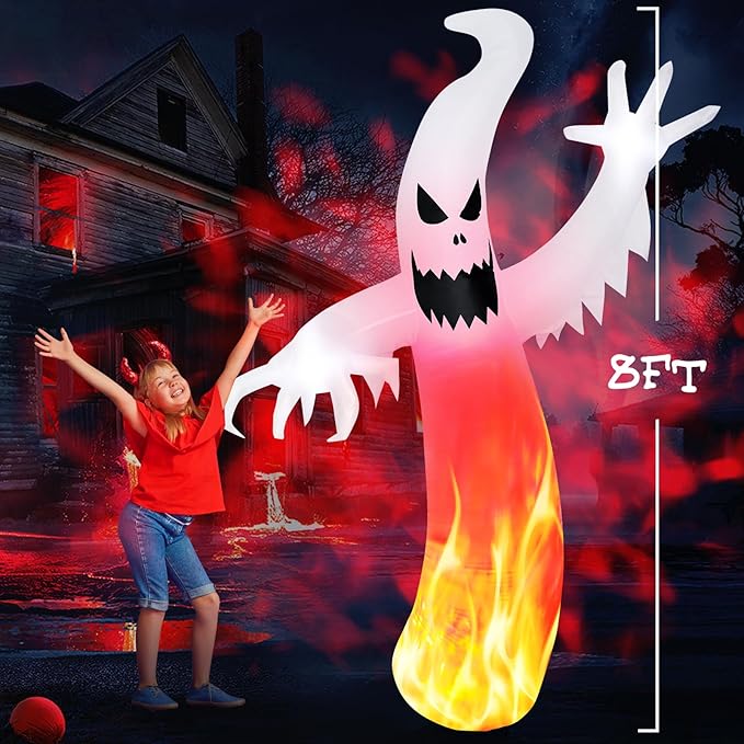 MGparty 8 FT Tall Halloween Inflatables Ghost Decorations Outdoor Indoor Blow Up Yard Decor with Built-in LED Lights Red Disco Lights for Lawn Garden Holiday Party