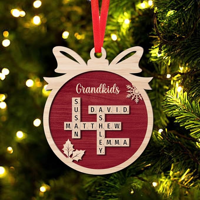 Personalized Wooden Crossword Art, Custom Grandkids Ornament, Custom Christmas Tree Ornament