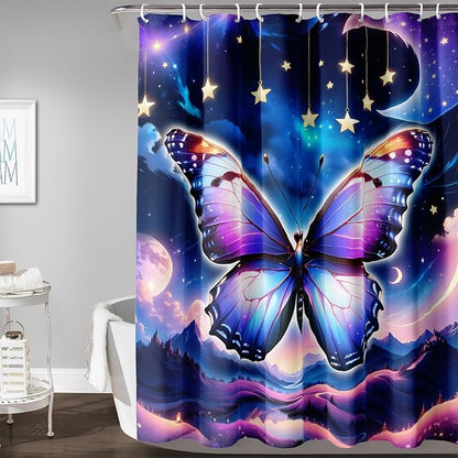 AILONEN Butterfly Shower Curtain for Girls, Fairy Purple Clouds Print Starry Butterfly Bath Curtain,Fantasy Moon Butterfly Decoration Bathroom Waterproof Curtain with 12 Plastic Hooks, 36" W*72" H