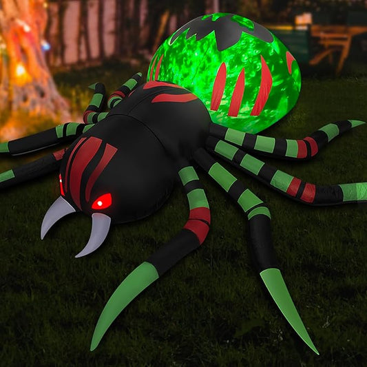 8FT Halloween Inflatables Spider Outdoor Decorations for Yard, Giant Blow up Green Spider with Rotating Fire Flame Light, Large Spooky Spider for Halloween Party Garden Lawn House Holiday Decor