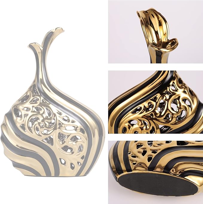Black and Gold 15 inch Floor Standing Large vase with Unique skeletonized Large vase Pampas Grass Decoration for Living Room, Home Office Porch Shelves on Floor entryway Entrance Tabletop Decoration.