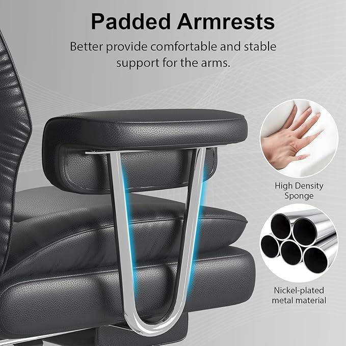 Big and Tall Office Chair, Ergonomic Leather High Back Executive Computer Desk Chair with Retractable Footrest and Padded Arms, 360°Swivel Free, 90-135°Reclining, 500lbs Wide Seat, Black