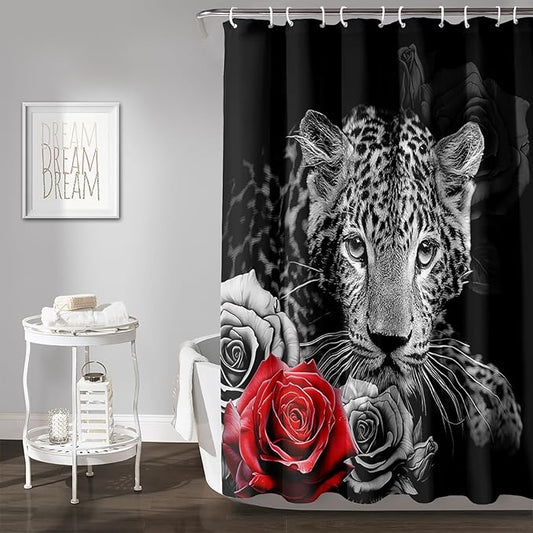 AILONEN Grey Leopard Shower Curtains for Women,Rose Leopard Bath Curtains Gifts for Lover,Polyester Waterproof for Bathroom with Plastic Hooks 36" W*72" H Grey