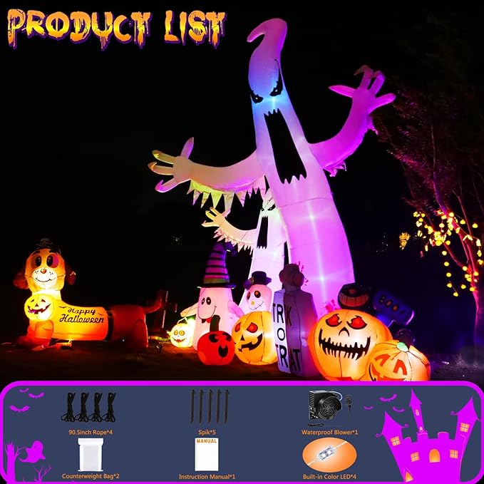 Gardwin 12ft High Halloween Inflatable Ghost Outdoor Decoration, Halloween Blow Up Yard Decoration with Built-in 4 Color LED, Inflatable Halloween Decorations for Indoor and Outdoor Party, Garden Lawn