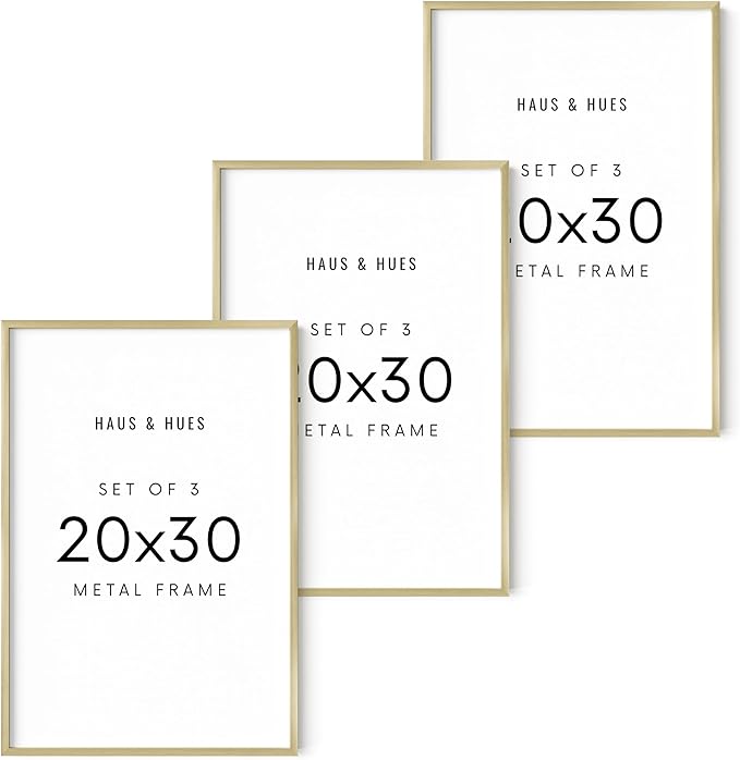 HAUS AND HUES 20x30 Gold Metal Picture Frames - Features Premium Aluminum, Vertical & Horizontal Hang, Shatterproof Plexiglass - Perfect for Home, Room, Office (20x30 in, Gold, Set of 3)