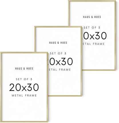 HAUS AND HUES 20x30 Gold Metal Picture Frames - Features Premium Aluminum, Vertical & Horizontal Hang, Shatterproof Plexiglass - Perfect for Home, Room, Office (20x30 in, Gold, Set of 3)