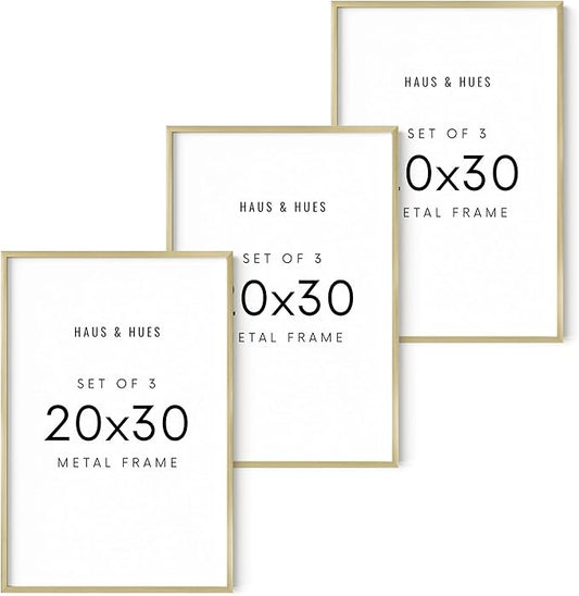 HAUS AND HUES 20x30 Gold Metal Picture Frames - Features Premium Aluminum, Vertical & Horizontal Hang, Shatterproof Plexiglass - Perfect for Home, Room, Office (20x30 in, Gold, Set of 3)