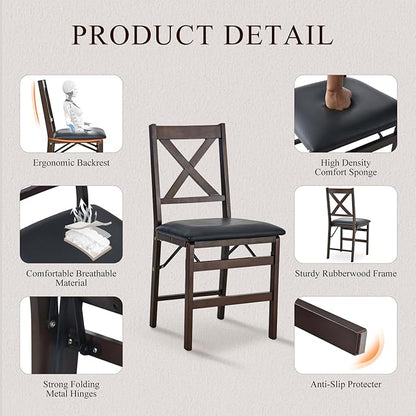 COLAMY Folding Dining Chairs Set of 4, Foldable Chairs with Padded Seats, Wood Folding Dining Room Chairs for Kitchen, Party, Camping, Dark Brown