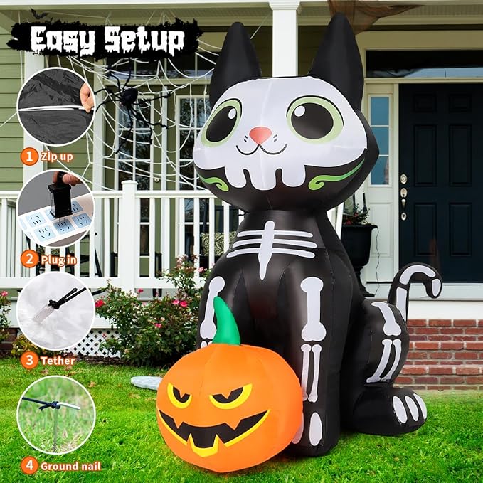 GOOSH 5 FT Halloween Inflatables Skeleton Cat Outdoor Decorations Blow Up Yard Cute Black Cat with Pumpkin Built-in LEDs for Garden Lawn Indoor Party Decor