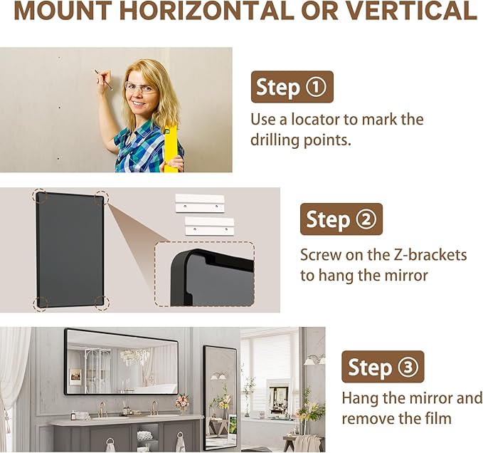 New Upgrade 72X32 Inch Wall Mounted Bathroom Mirror, Black Metal Frame Rounded Rectangle Mirror, Bathroom Vanity Mirror with Tempered Glass for Washroom Bedroom Living Room