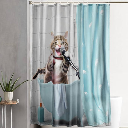 AILONEN Cartoon Shower Cat Shower Curtain for Kids Boys,Funny Singing Cat Waterproof Fabric Shower Curtain for Bathroom,Lovely Hilarious Pet Shower Curtain Set with Hooks,72" W*72" H