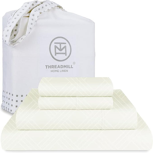 Threadmill Luxury 100% Cotton Queen Bed-Sheets - 800 Thread Count Jacquard Celine Ivory, Better Than Egyptian Cotton,4 Pc Striped Bed Set, Damask Sheets with Elasticized Deep Pocket