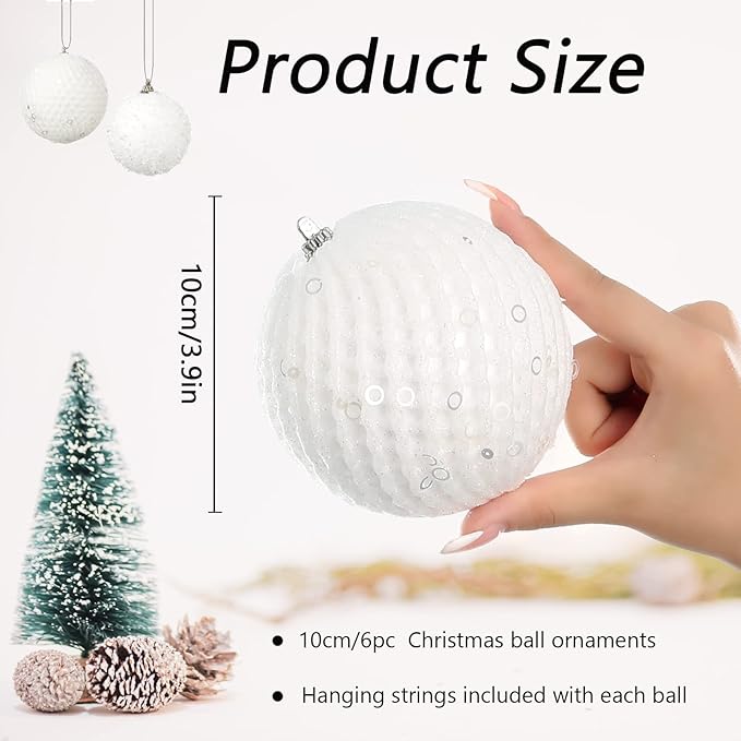 6pcs 3.94" Christmas Ball Ornaments Glitter Shatterproof Christmas Tree Ornaments Sequin Xmas Hanging Balls Decorations for Wedding Party Holiday (White, 6pc-10cm)