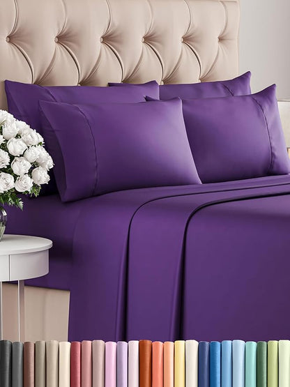 CGK Linens Queen 6 Piece Sheet Set - Cooling Sheets for Hot Sleepers - Hotel Luxury Bedding Set w/ 8-16 Inch Deep Pockets - 1 Flat & 1 Fitted & 4 Pillowcases - Soft, Easy Care & Wrinkle Free - Purple
