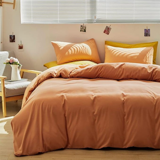 Wellboo Peach Comforter Sets Full Pink Orange Bedding Comforters Solid Grapefruit Color Bedding Cotton Women Girls Light Orange Quilts Modern Minimalist Peach Comforters Plain Coral Pink Bed Luxury