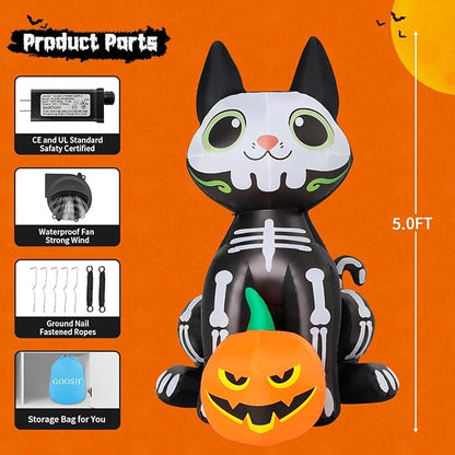 GOOSH 5 FT Halloween Inflatables Skeleton Cat Outdoor Decorations Blow Up Yard Cute Black Cat with Pumpkin Built-in LEDs for Garden Lawn Indoor Party Decor