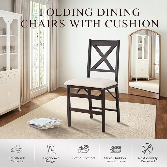 COLAMY Folding Dining Chairs Set of 2, Foldable Chairs with Padded Seats, Wood Folding Dining Room Chairs for Dinner, Kitchen, Party, Camping, Beige