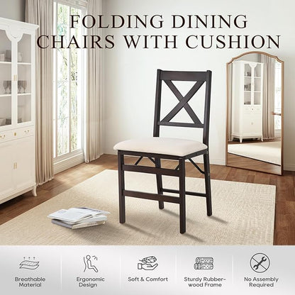 COLAMY Folding Dining Chairs Set of 2, Foldable Chairs with Padded Seats, Wood Folding Dining Room Chairs for Dinner, Kitchen, Party, Camping, Beige