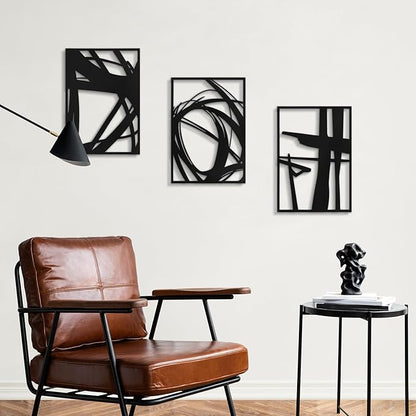 Pinetree Art Black Abstract Metal Wall Art, 3D Textured Metal Wall Sculptures, Hollow Out Design Modern Wall Decor for Living Room Bedroom Home Office (M, 16" x 24" x 3pcs)