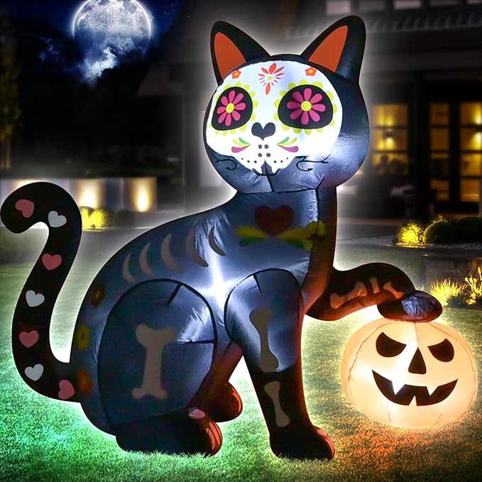 5FT Skeleton Cat Halloween Inflatable Decoration Pumpkin Decor Spooky Halloween Blow Up Decor for Parties with LED Lights Indoor Outdoor Holiday Yard Graden Decoration