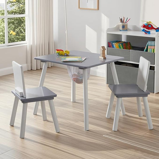 VECELO Activity Table and 2 Chair Set with Hidden Mesh Storage, Durable Playroom Furniture, Modern Design, Easy Assembly, Grey