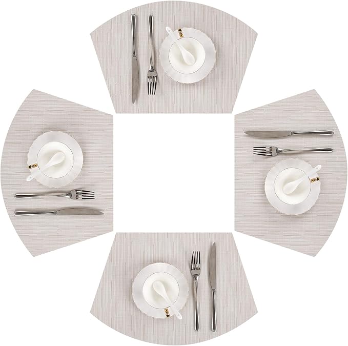SHACOS Placemats for Round Table Set of 4 Wedge Shaped Placemats Heat Resistant Woven Vinyl PVC Table Mats Wipeable (4, Beige)