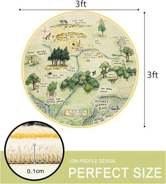 Estmy Washable Vintage Woodland Rug, 3ft Cute Fun Nursery Rugs for Girls Boys Neutral, Soft Stain Resistant Hundred Acre Wood Map Carpet, Cartoon Retro Kids Play Roud Rug Circle Infant Playmat