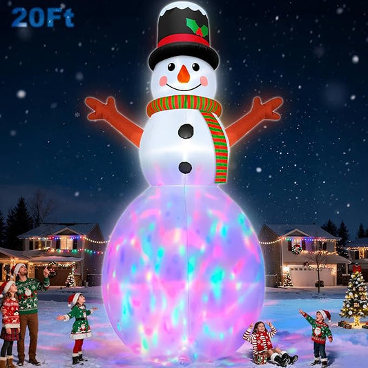 20FT Giant Christmas Inflatable Snowman with Colorful 3D Rotating Lights, Outdoor Blow Up Christmas Decorations, Huge Snowman Inflatables for Yard Lawn Holiday Xmas Party Decor