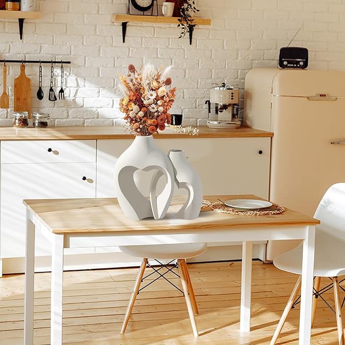 White Vases for Decor, Heart Shaped Ceramic Vase Set of 2, Nordic Modern Heart Vases, Minimalist Decorative Vase for Table Centerpiece Wedding Living Room House Decoration