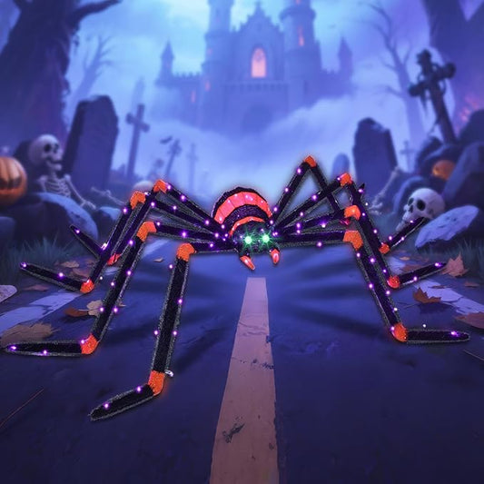 HOYECHI Halloween Decorations Giant Spider 6.8ft - Big Spider Holiday Decor Outdoor, Light Up Spider with 115 LED Lights for Front Yard Porch Gardens Party Outside Halloween Decorations - Black