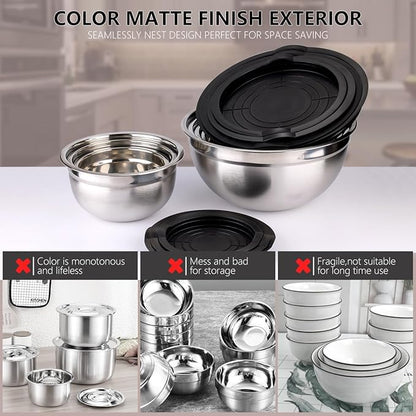 Mixing Bowls with Lids set - 26 PCS Stainless Steel Nesting Black Mixing Bowls Set for Baking, Mixing, Serving & Prepping, Size 5, 3.7, 2.8, 2.3, 1.7, 1.1, 0.7QT, 12 Cooking Utensils