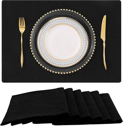 homing Black Cloth Placemats for Dining Table Set of 6 – Cotton Linen Blend Washable Farmhouse Kitchen Mats for Indoors & Outdoors - Easy to Clean 13 x 19 Inch