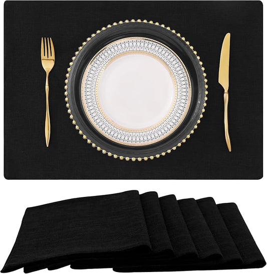 homing Black Cloth Placemats for Dining Table Set of 6 – Cotton Linen Blend Washable Farmhouse Kitchen Mats for Indoors & Outdoors - Easy to Clean 13 x 19 Inch