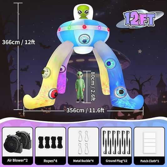 Kalolary 12FT Halloween Inflatables Archway UFO Alien, Giant Alien Arch Inflatable with Build-in Colorful Flashing Lights Scary Halloween Outdoors Blow Up Decoration for Yard Garden Lawn Indoor Decor