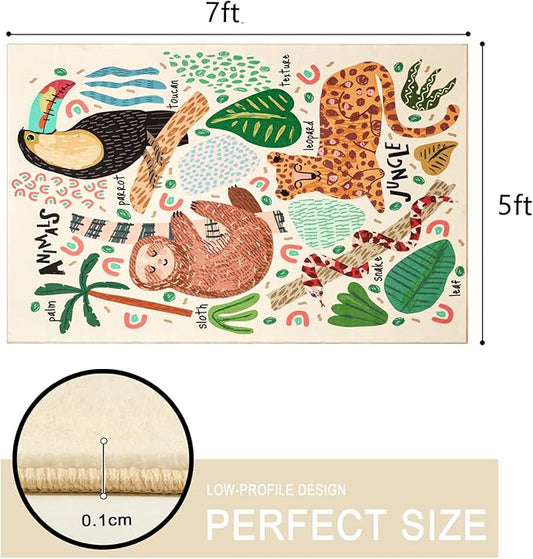 5x7 Cute Animals Nursery Rugs for Girls Boys Neutral, Soft Cartoon Fun Whimsical Forest Jungle Kids Playroom Carpet, Modern Abstract Funky Tropical Leaves Plants Area Rugs for Kids Bedroom Living Room