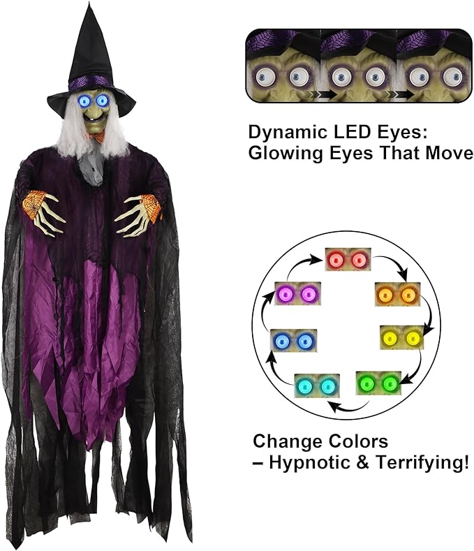 Prsildan 6.6FT Hanging Witch Halloween Decorations Outdoor, Animated Talking Witches with Color-Changing LED Eyes & Scary Sounds, Touch & Sound Sensor Halloween Decor for Yard Porch Haunted House