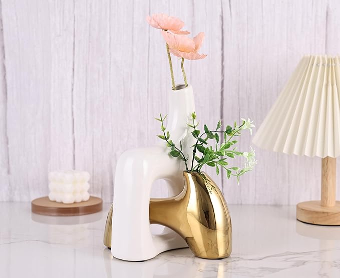 intertwining vase Set Snuggle Hollow Ceramic vase Set of 2 White and Gold vase Modern Boho Home Decor for Neutral Minimalist Vase for Dining Room Table Centerpiece Dining Room,Wedding Table Deco