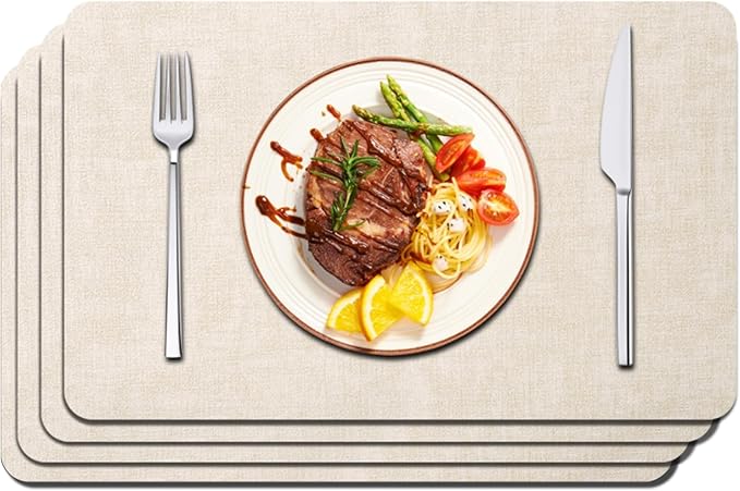 Maxpearl Faux Leather Placemats Set of 4 - Waterproof - Wipe Clean - Heat Resistant - Anti Slip Dining Table Place Mats, Suitable for Indoor & Outdoor Use, 17’’×12’’, Beige