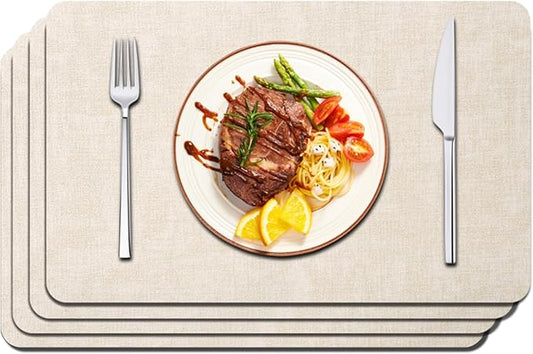 Maxpearl Faux Leather Placemats Set of 4 - Waterproof - Wipe Clean - Heat Resistant - Anti Slip Dining Table Place Mats, Suitable for Indoor & Outdoor Use, 17’’×12’’, Beige