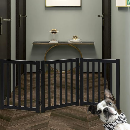 LZRS 3-Panel Wooden Free Standing Foldable Dog Gate – 24" High,Step-Over Safety Pet Gate for Doorways, Stairs, Hallways, Indoor Dog Barrier for Small to Medium Dogs & Puppies, Black