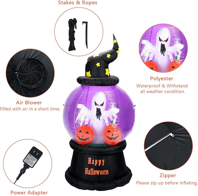 6 FT Tall Halloween inflatables Outdoor Decorations with Crystal Ball Build-in LEDs Blow Up Inflatable for Halloween Party Indoor, Outdoor, Yard, Garden, Lawn Decoration
