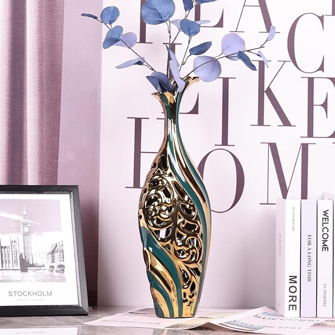 19 inch Tall Floor vase, Green and Gold Ceramic vase, Pottery Decorative vase, Unique Pampas Grass vase Suitable for Living Room Floor, Home Office, Porch Home Centerpiece Decorative Large vase