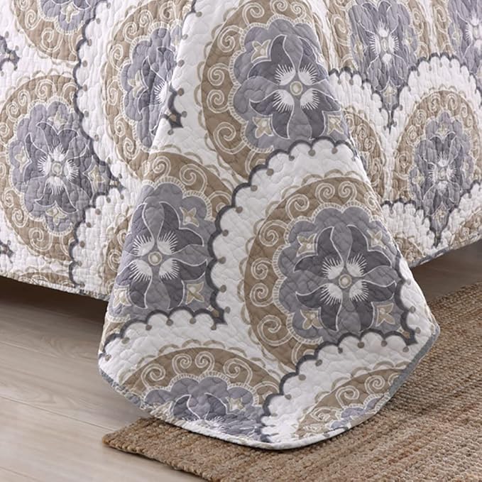 mixinni Mandala Bedspread Quilt Sets 100% Cotton 3-Piece Blue Grey Reversible Lightweight Coverlet Set with Shams for All-Season-(3pcs, Queen Size)
