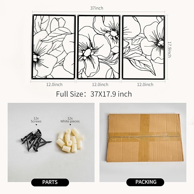 FUNTEREST 3 Pieces Black Metal Wall Art Decor Modern Minimalist Floral Single Line Living Room Wall Decor Abstract Wall Hanging Decor for Kitchen Office Bedroom Bathroom (Floral A)