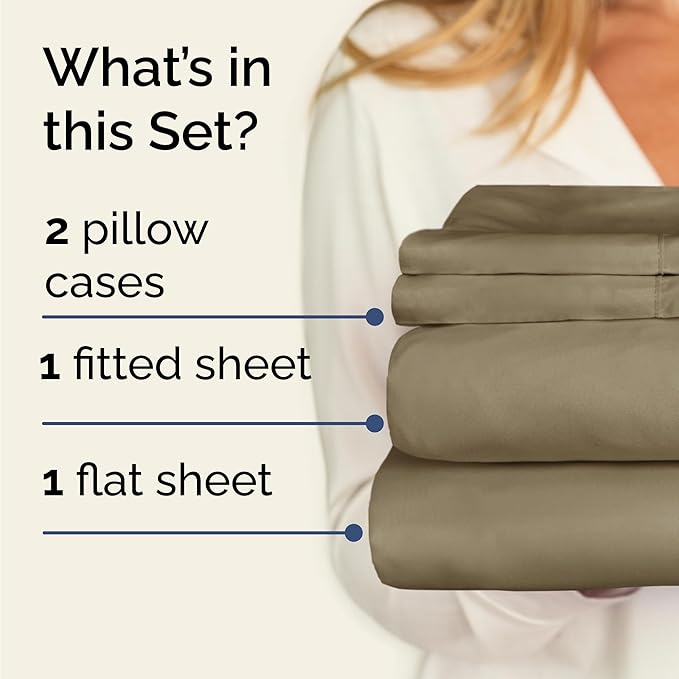 CGK Linens Twin 4 Piece Sheet Set - Cooling Sheets for Hot Sleepers - Hotel Luxury Bedding Set with 8-16 Inch Deep Pockets - 1 Flat & 1 Fitted & 2 Pillowcases - Soft, Easy Care & Wrinkle Free - Khaki