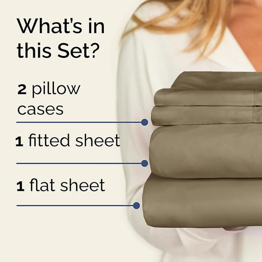 CGK Linens Twin 4 Piece Sheet Set - Cooling Sheets for Hot Sleepers - Hotel Luxury Bedding Set with 8-16 Inch Deep Pockets - 1 Flat & 1 Fitted & 2 Pillowcases - Soft, Easy Care & Wrinkle Free - Khaki